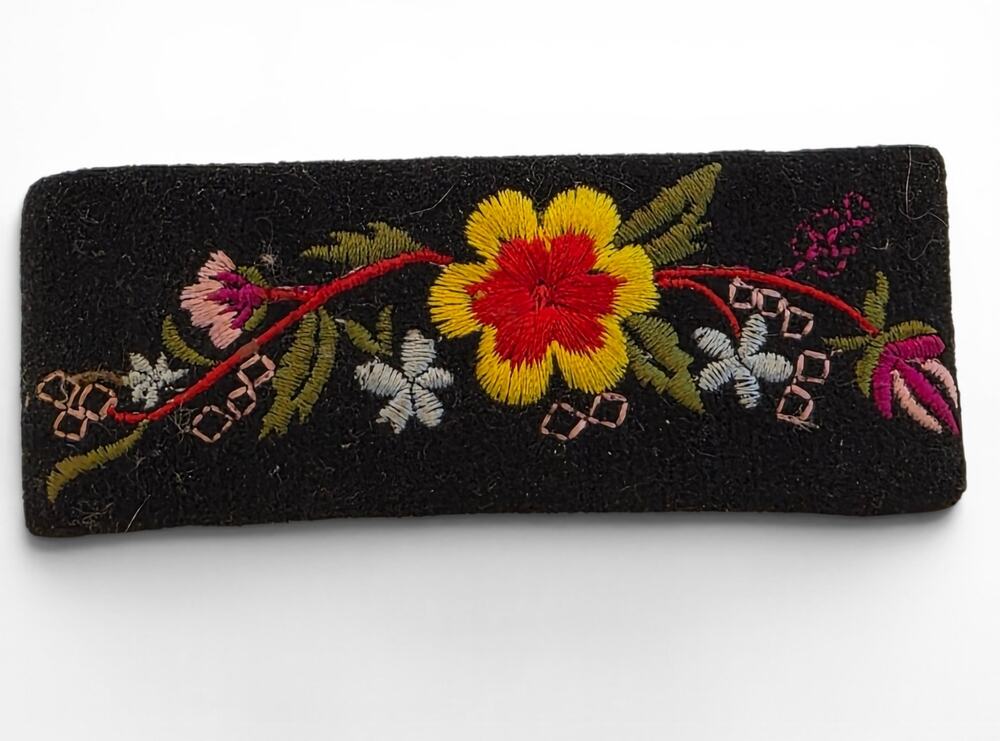 Vintage 1970s Embroidered Floral Black Barrette Hair Clip Boho Folk Art 3.75"